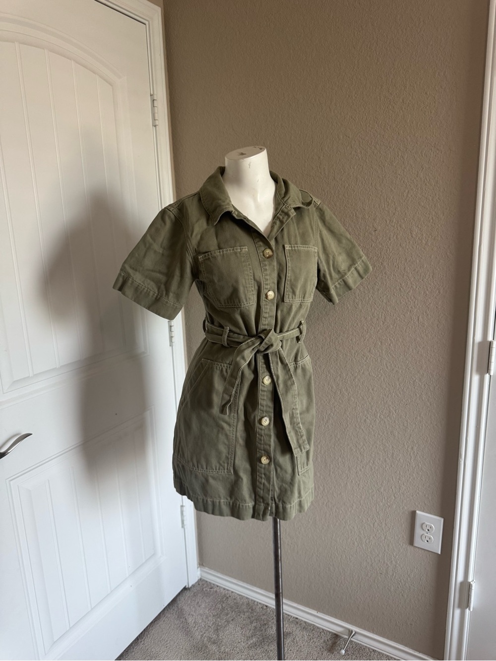 Topshop Olive Green Short-Sleeve Utility dress with Belt